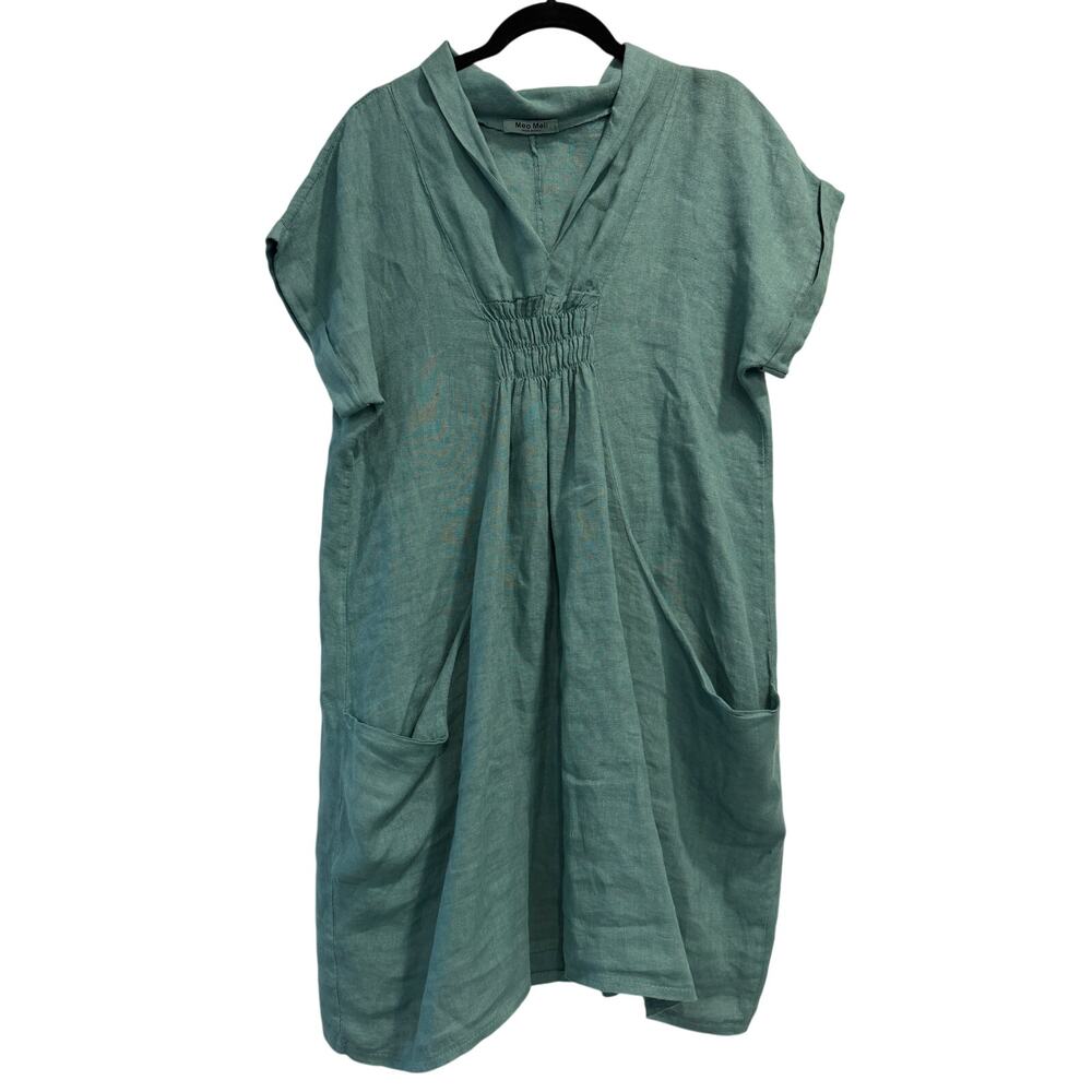 Meo Meli Make in Italy Linen Dress One Size Teal Lagenlook Cottagecore Everyday